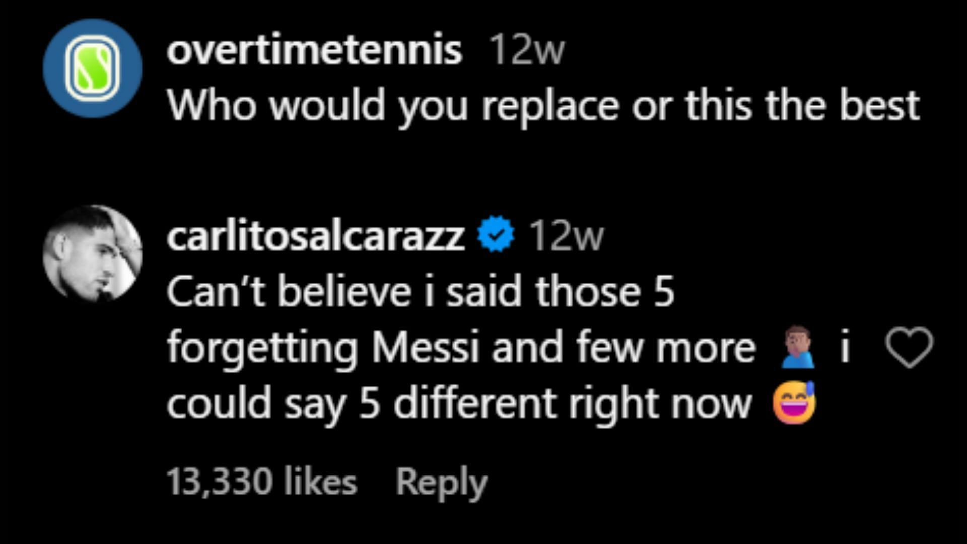 Carlos Alcaraz's comment (Image via Instagram/overtimetennis)